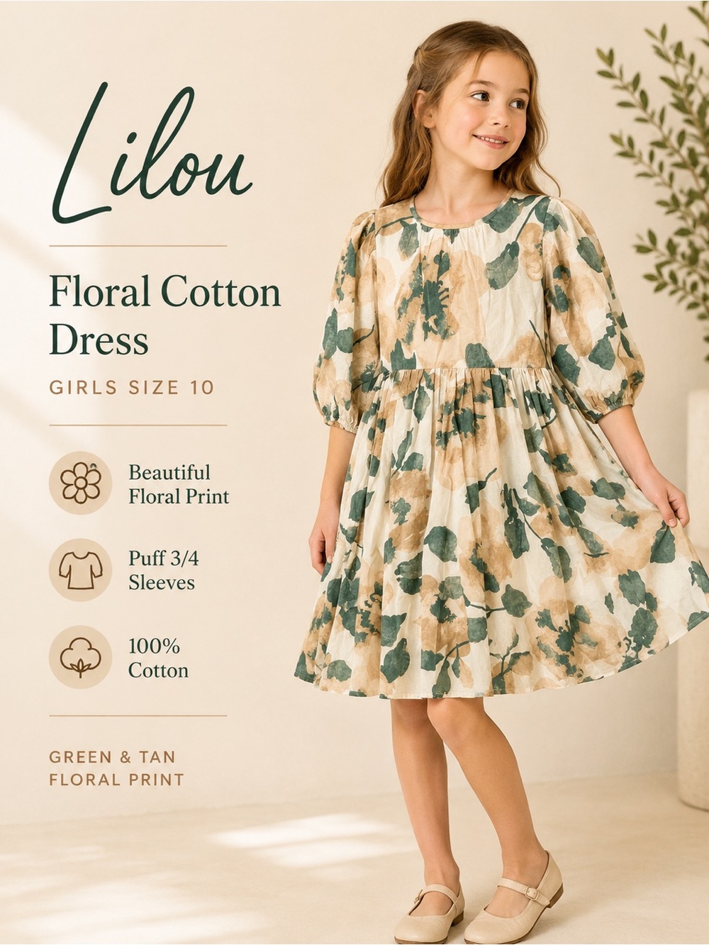 Lilou Girls Floral Cotton Puff Sleeve Dress Green Tan Size 10